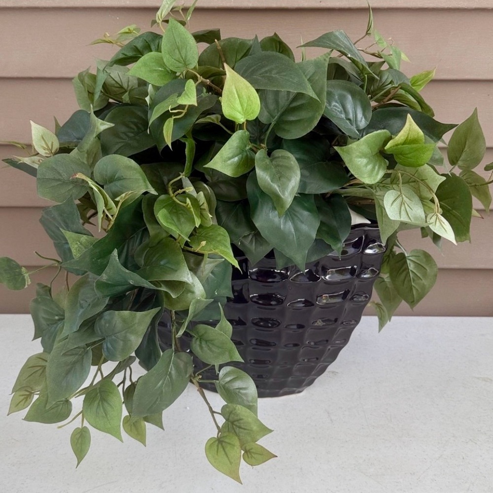 Large Elegant Black Decorative Ceramic Vase with Lush Faux Greenery.